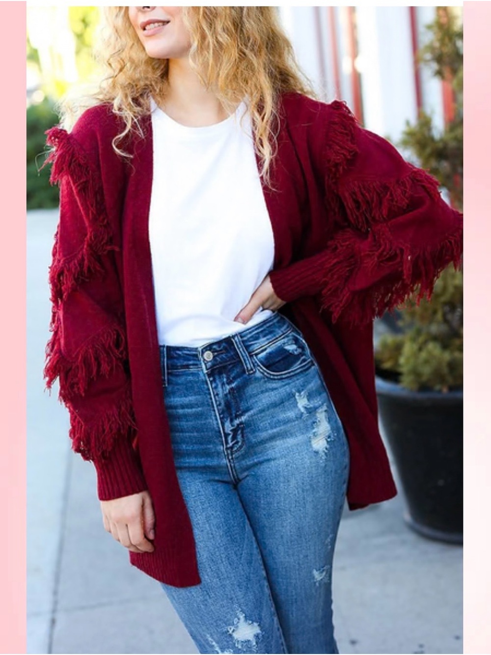 BiBi Burgundy Fringe Sleeve Open-Front Cardigan